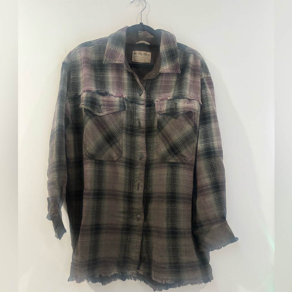 Free People Textured Flannel Plaid Jacket in Purple/Green/Black